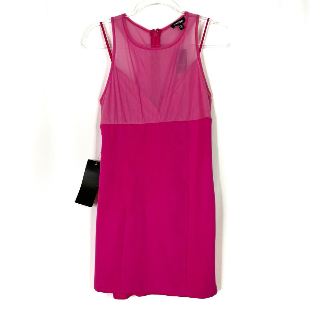 Bebe Hot Pink Mesh Overlay Ponte Dress Sleeveless Lace NWT Juniors Medium
